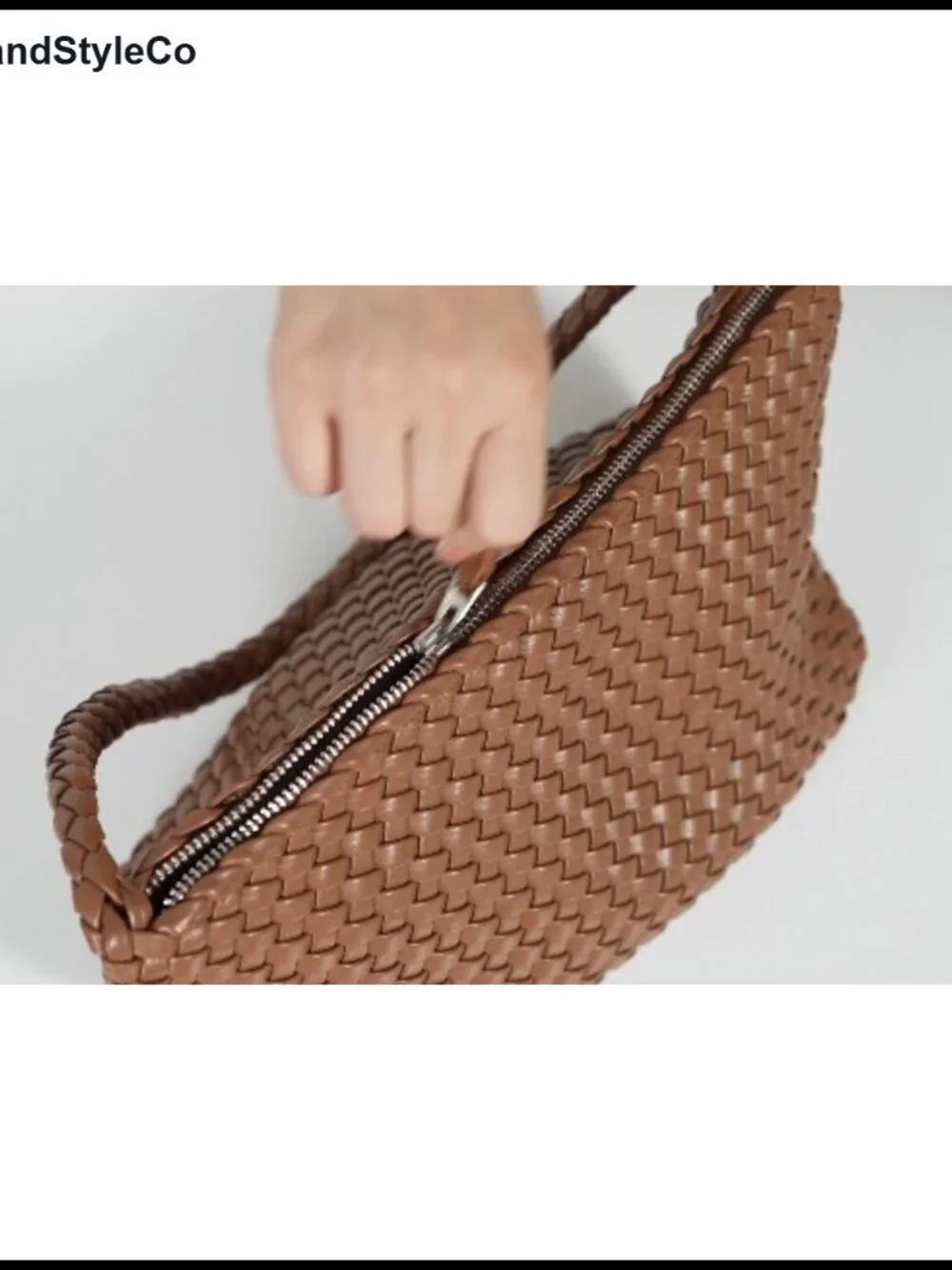 Small Woven Hobo Shoulder Bag Handmade Faux Leather Zip Closure